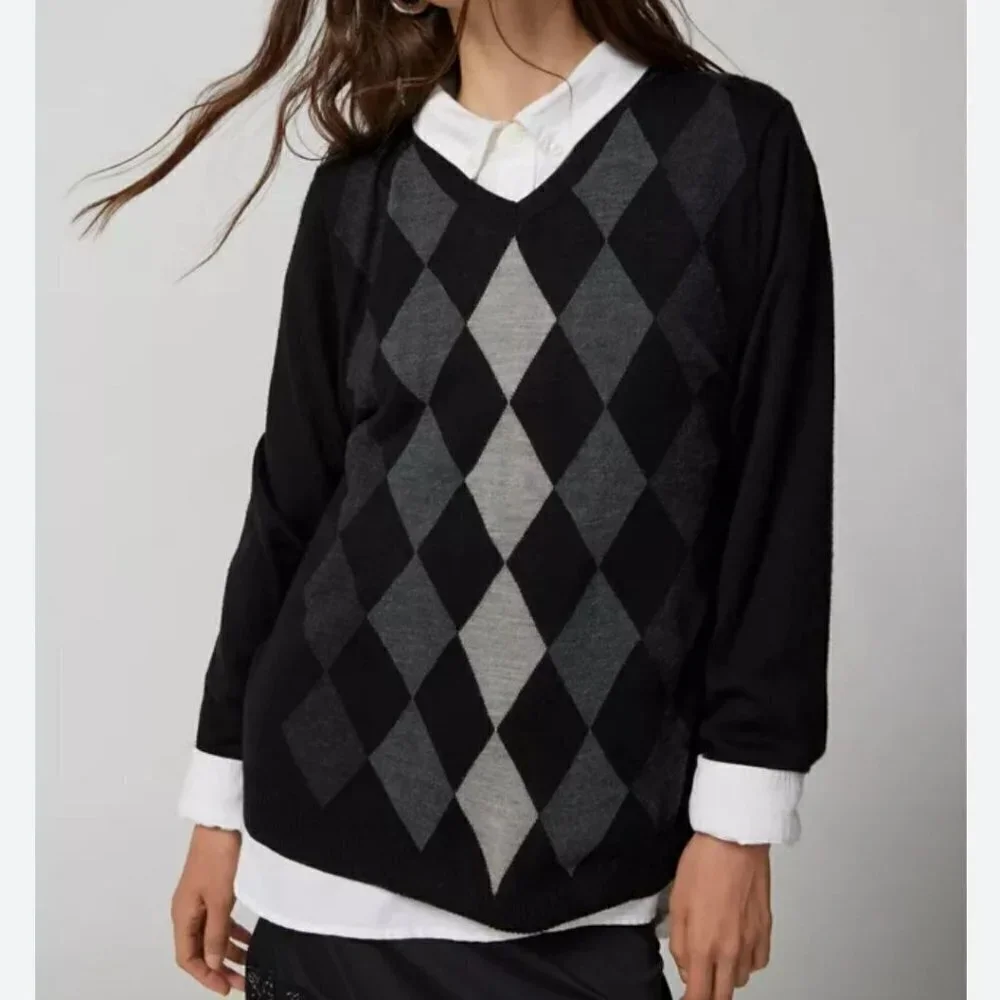 Apt 9 Merino Wool Argyle Dark Academia V Neck Unisex Sweater Size XXL